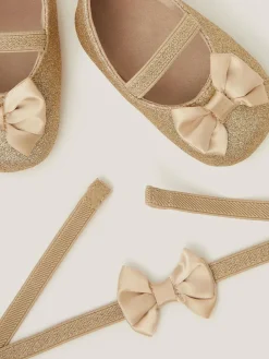 Sale Monsoon Baby Bow Glitter Booties & Headband Set Gold