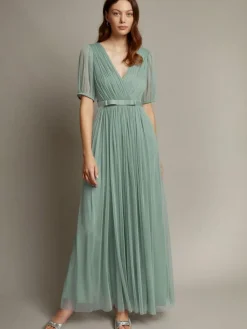 Hot Monsoon Ellie Sheer Sleeve Plunge Tulle Maxi Dress Green