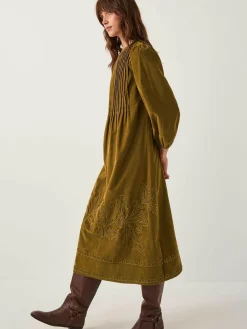 Monsoon Green Joyce Pintuck Embroidered Corduroy Midi Dress^Women Midi Dresses