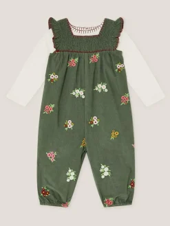 New Monsoon Green Long Sleeve Top & Floral Corduroy Dungarees Set