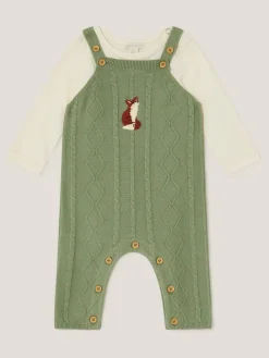 Best Monsoon Green Newborn Fox Cable Knit Dungarees Set