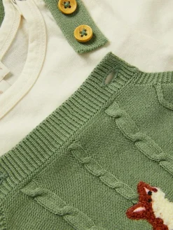 Best Monsoon Green Newborn Fox Cable Knit Dungarees Set