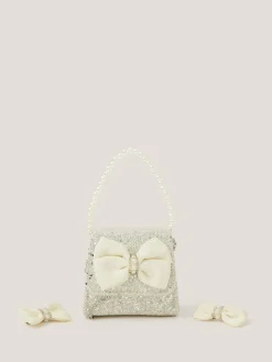 Hot Monsoon Natural Glitter Pearl Bow Handbag & Hair Clips Set
