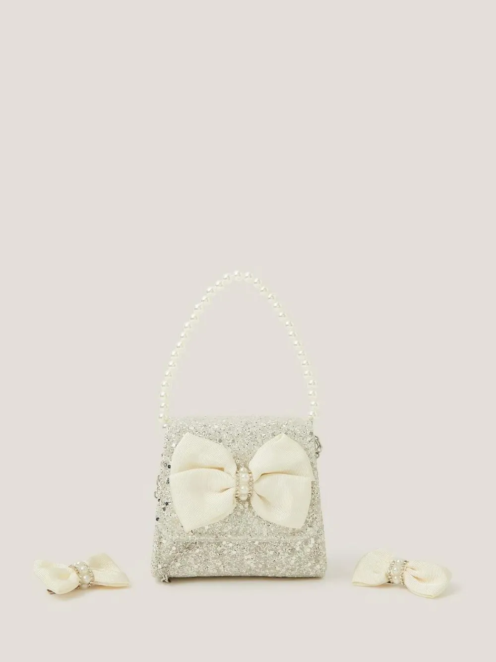 Hot Monsoon Natural Glitter Pearl Bow Handbag & Hair Clips Set