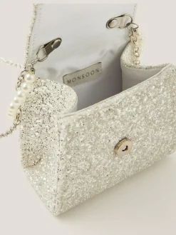 Hot Monsoon Natural Glitter Pearl Bow Handbag & Hair Clips Set