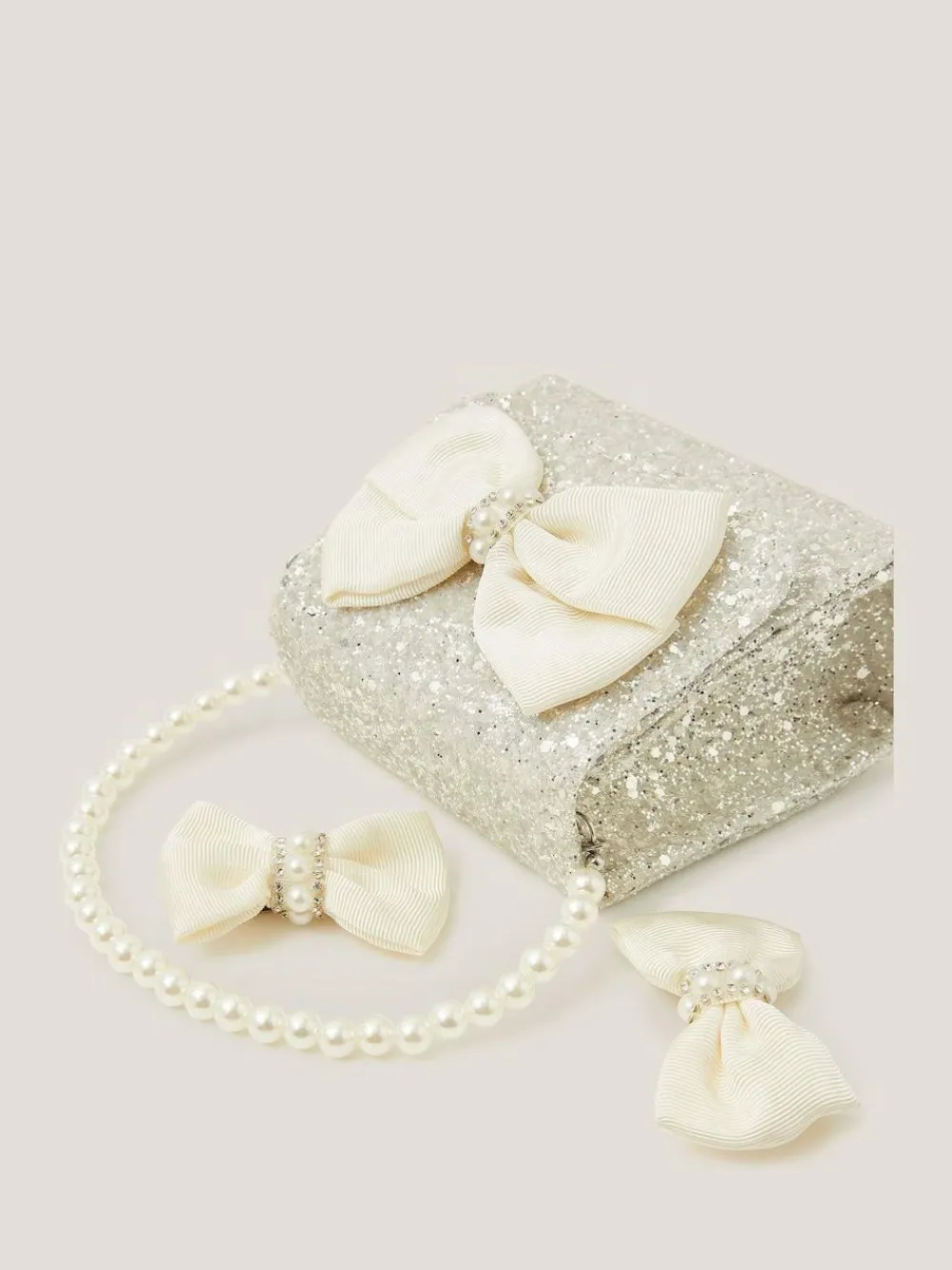 Hot Monsoon Natural Glitter Pearl Bow Handbag & Hair Clips Set
