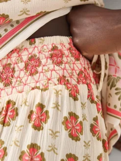 Monsoon Natural Maddie Floral Print Wide Leg Trousers