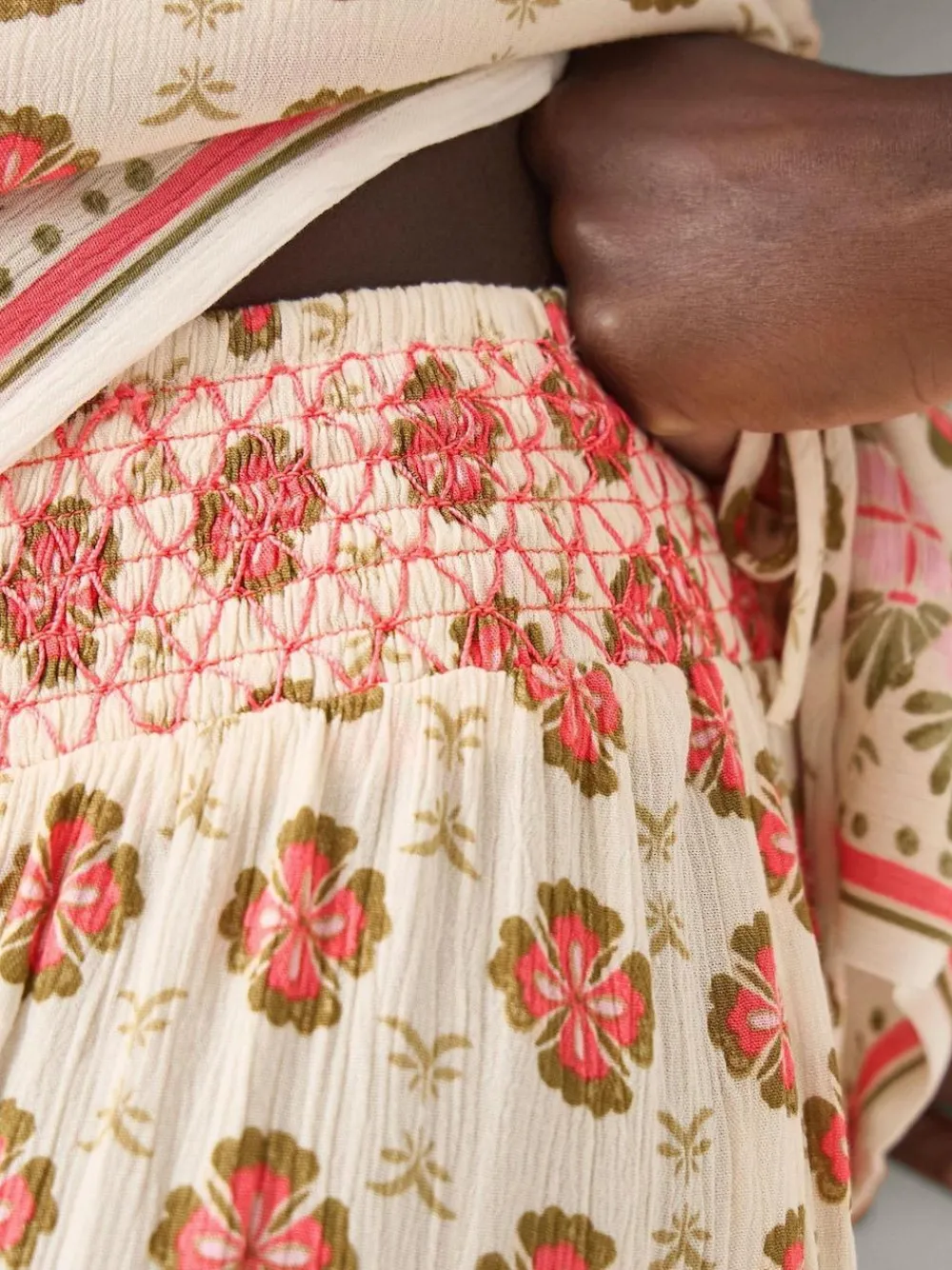 Monsoon Natural Maddie Floral Print Wide Leg Trousers