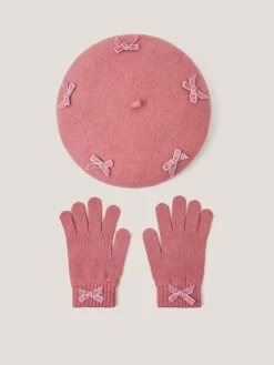 Outlet Monsoon Pink Bow Beret & Gloves Set