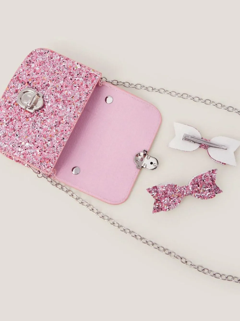 Hot Monsoon Pink Glitter Satchel Bag & Hair Clips Set