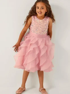 Monsoon Pink Sequin Waterfall Ruffle Party Dress^ Dresses