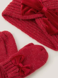 Best Monsoon Red Baby Bow Knitted Hat & Mittens Set