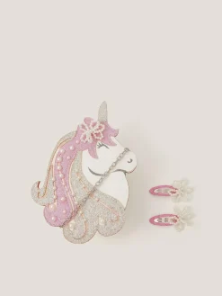 Monsoon White Glitter Unicorn Bag & Pearly Hair Clips Set^ Bags