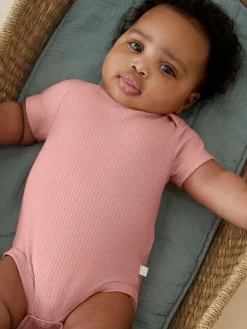 Outlet Mori Ribbed Stretch Short Sleeve Bodysuit Pink