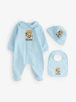 Online Moschino Baby Logo Sleepsuit, Hat & Bib Giftset With Giftbox Blue