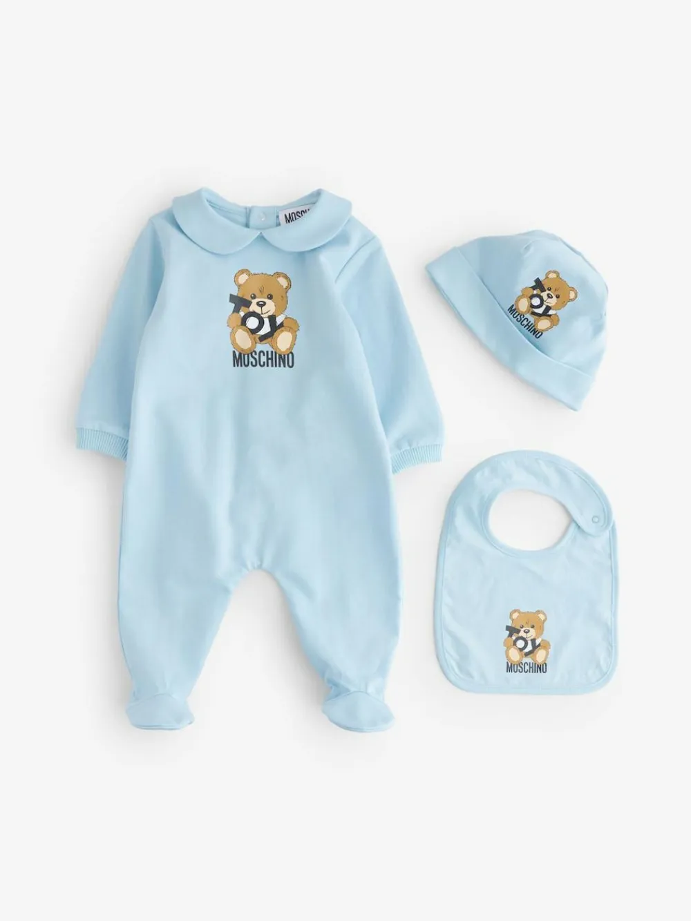 Online Moschino Baby Logo Sleepsuit, Hat & Bib Giftset With Giftbox Blue
