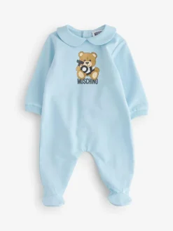 Online Moschino Baby Logo Sleepsuit, Hat & Bib Giftset With Giftbox Blue