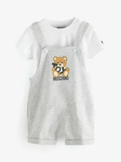 Hot Moschino Grey Baby Logo Short Sleeve T-Shirt and Dungarees Set