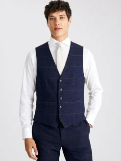 MOSS Navy Black Check Tailored Regular Fit Suit Waistcoat^ Vests