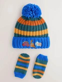 Online Next Multi Colour Embroidered Pom Beanie Hat & Mittens 2 Piece Set (3mths-10yrs)