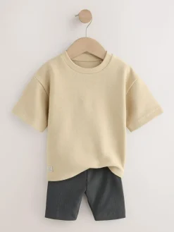 Next Multi Neutral Short Sleeve Textured T-Shirts & Cycling Shorts 3 Pack (3mths-7yrs)^BOY Shorts|Shorts