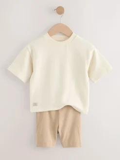 Next Multi Neutral Short Sleeve Textured T-Shirts & Cycling Shorts 3 Pack (3mths-7yrs)^BOY Shorts|Shorts