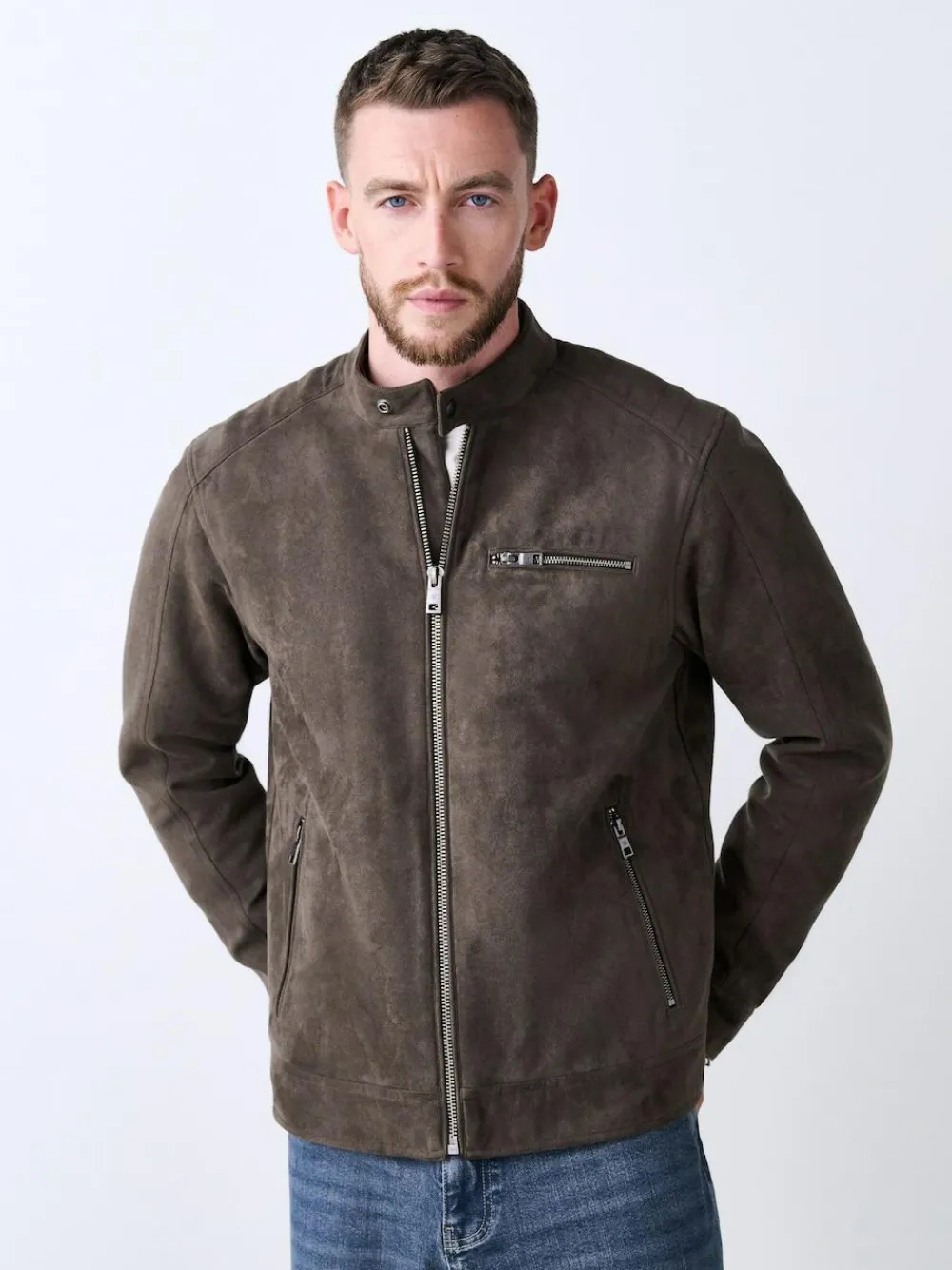 Hot Next Faux Suede Borg Lined Zip Jacket Mushroom Brown