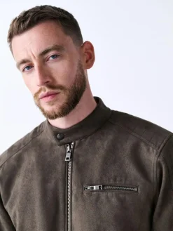 Hot Next Faux Suede Borg Lined Zip Jacket Mushroom Brown