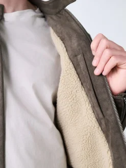 Hot Next Faux Suede Borg Lined Zip Jacket Mushroom Brown