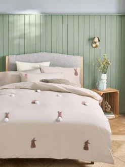 Best Next Natural Bunny 100% Cotton Tufted Pom Duvet Cover and Pillowcase Set