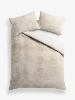 Clearance Next Plush Faux Fur Duvet Cover and Pillowcase Set Natural Oyster