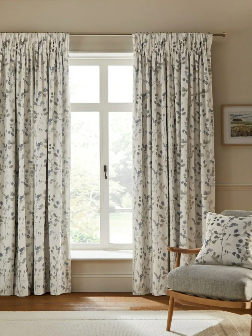 Hot Next Honesty Leaf Floral Print Blackout/Thermal Pencil Pleat Curtains Natural/Blue