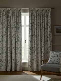 Hot Next Honesty Leaf Floral Print Blackout/Thermal Pencil Pleat Curtains Natural/Blue
