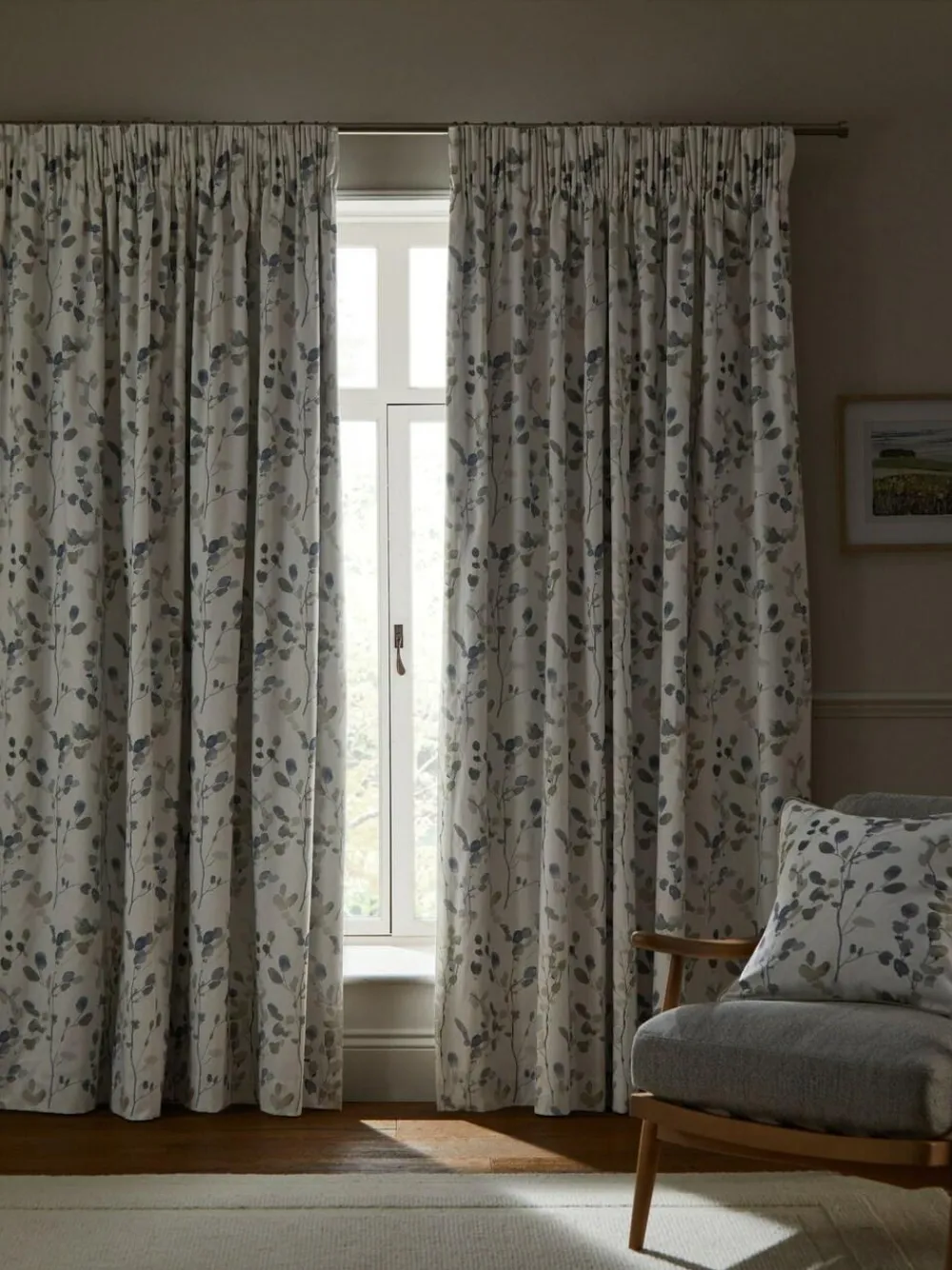 Hot Next Honesty Leaf Floral Print Blackout/Thermal Pencil Pleat Curtains Natural/Blue