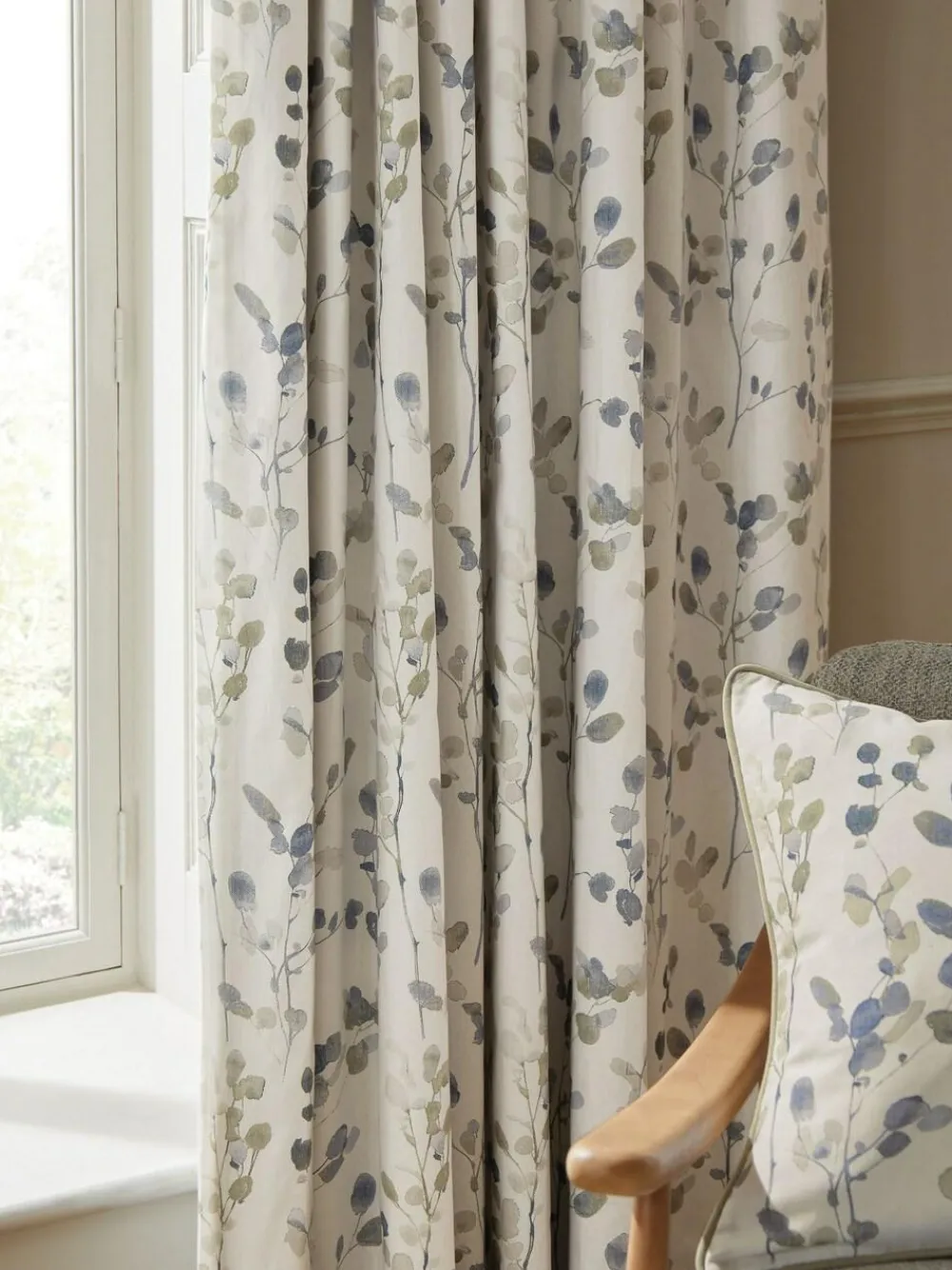 Hot Next Honesty Leaf Floral Print Blackout/Thermal Pencil Pleat Curtains Natural/Blue
