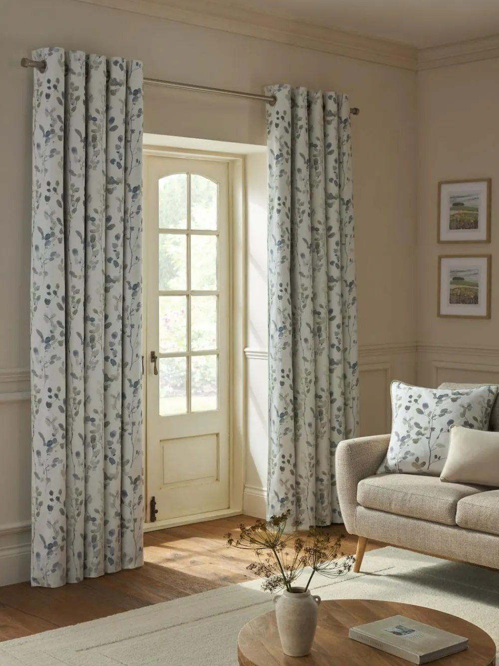 Clearance Next Honesty Leaf Floral Print Blackout/Thermal Eyelet Curtains Natural/Blue