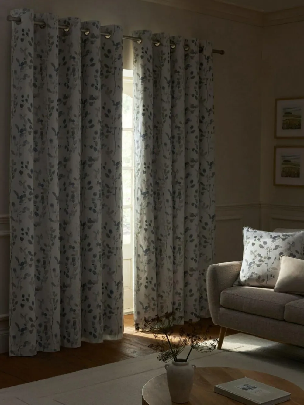 Clearance Next Honesty Leaf Floral Print Blackout/Thermal Eyelet Curtains Natural/Blue