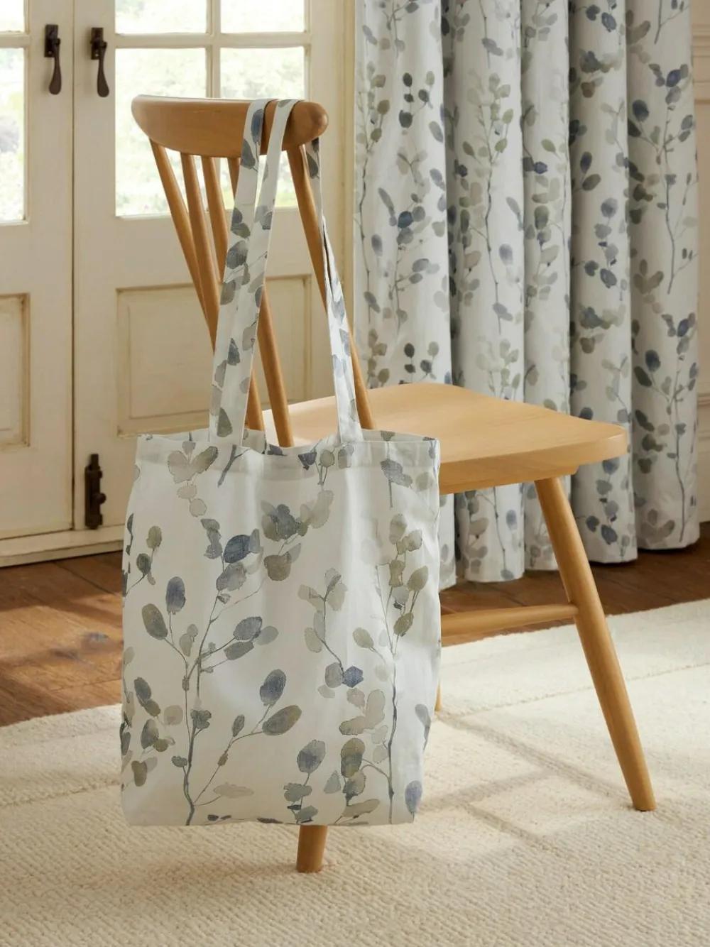 Clearance Next Honesty Leaf Floral Print Blackout/Thermal Eyelet Curtains Natural/Blue