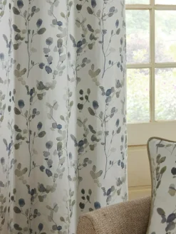 Clearance Next Honesty Leaf Floral Print Blackout/Thermal Eyelet Curtains Natural/Blue