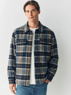 Next Navy Blue Borg Lined Check Shacket^ Coats & Jackets|Coats & Jackets