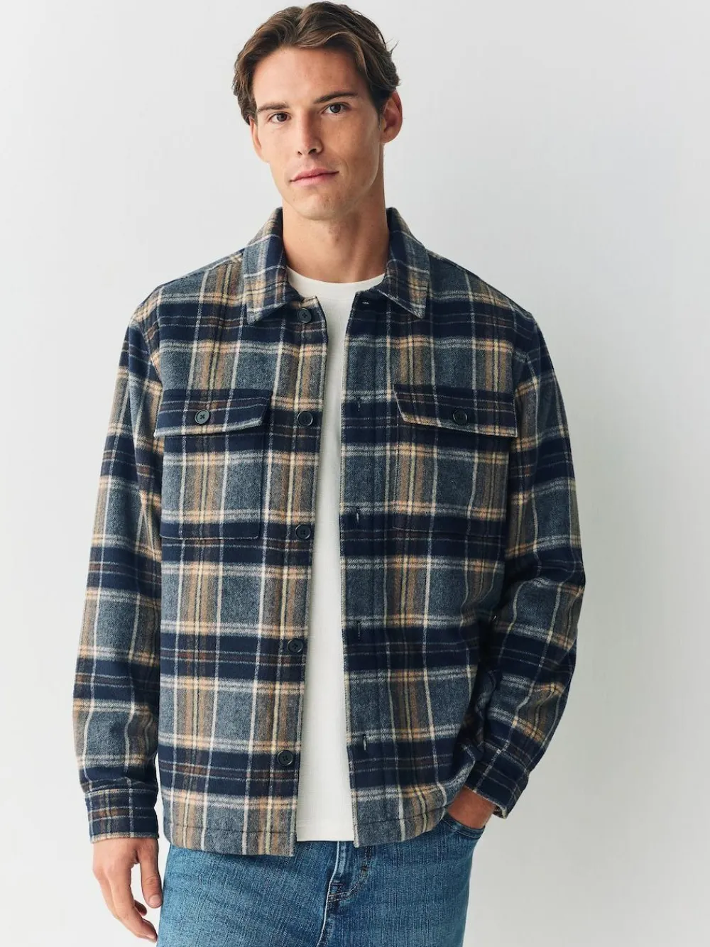 Next Navy Blue Borg Lined Check Shacket^ Coats & Jackets|Coats & Jackets