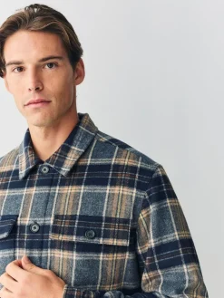 Next Navy Blue Borg Lined Check Shacket^ Coats & Jackets|Coats & Jackets