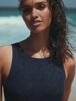 Next Navy Blue Broderie Cutwork High Neck Tummy Control Swimsuit^Women Swimwear