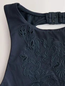Next Navy Blue Broderie Cutwork High Neck Tummy Control Swimsuit^Women Swimwear