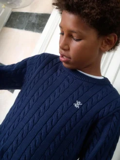 Next Navy Blue Cable Knit Crew Neck Jumper (3-16yrs)^BOY Knitwear & Sweaters|Knitwear