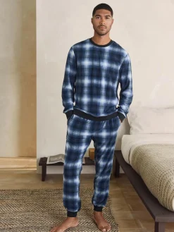 Next Motionflex Cosy Long Sleeve Cuffed Pyjamas Set Navy Blue Check