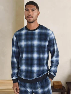 Next Motionflex Cosy Long Sleeve Cuffed Pyjamas Set Navy Blue Check