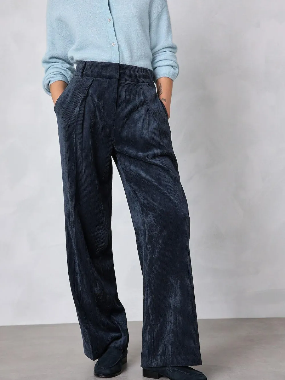 New Next Cord Wide Leg Trousers Navy Blue