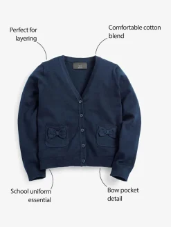 Online Next Cotton Rich Bow Pocket School Cardigan (3-16yrs) Navy Blue