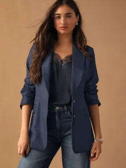 Next Navy Blue Denim Look Fitted Single Breasted Blazer^Women Blazers|Suits & Tailoring